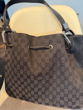 Vintage Gucci Black Monogram Canvas Shoulder Bag with Leather Trim